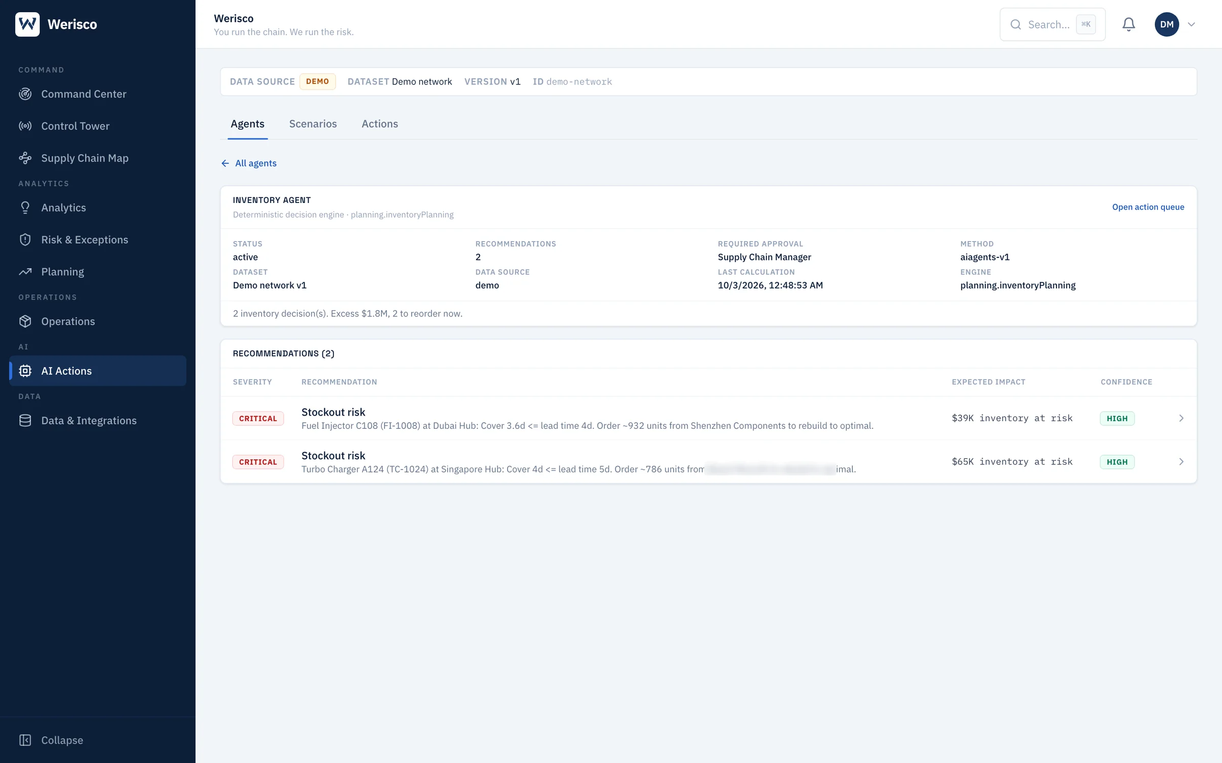 Inventory Agent: recommendations with expected impact and confidence