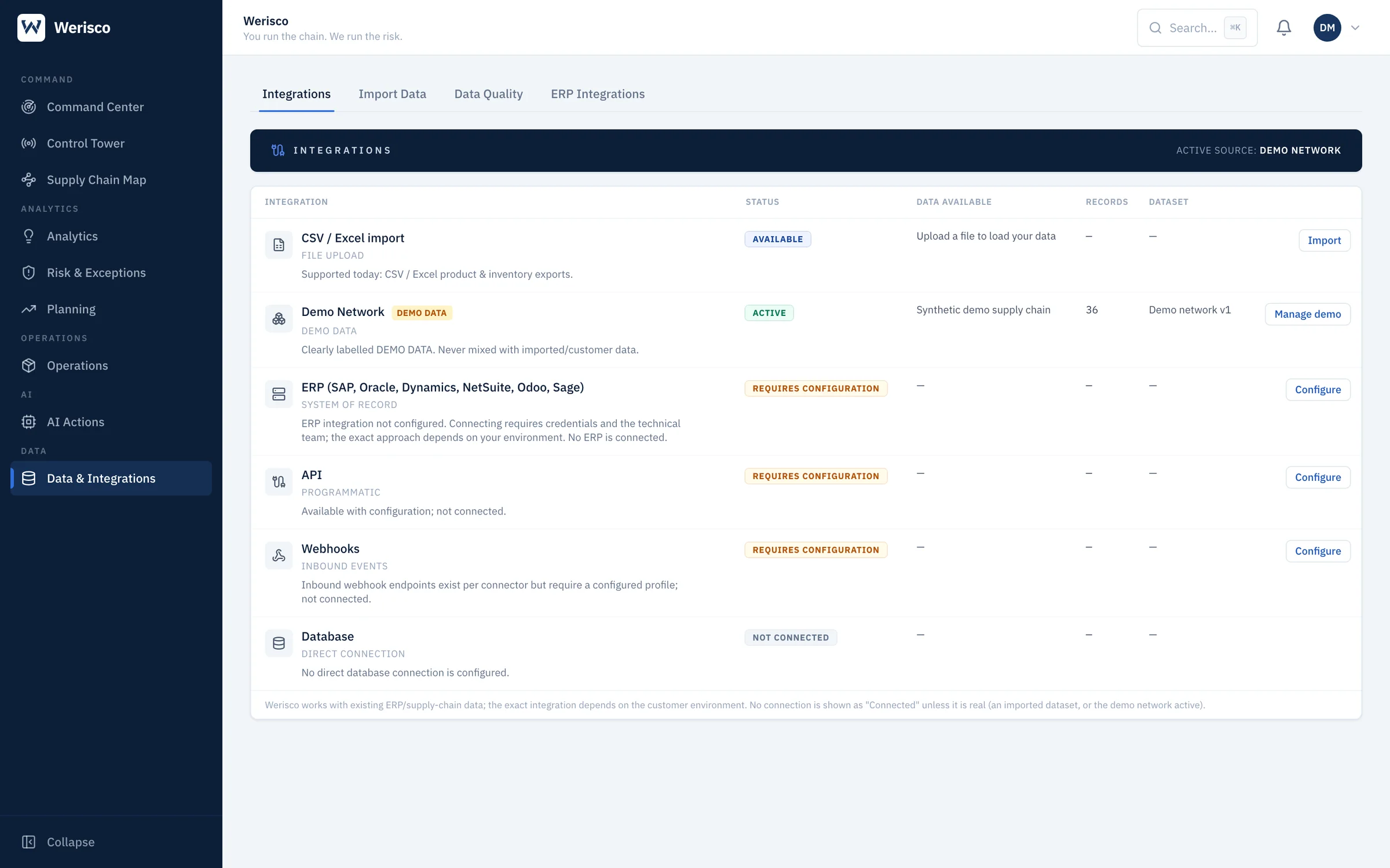 Integrations: CSV/Excel import, demo network, ERP, API, webhooks and database with status and records