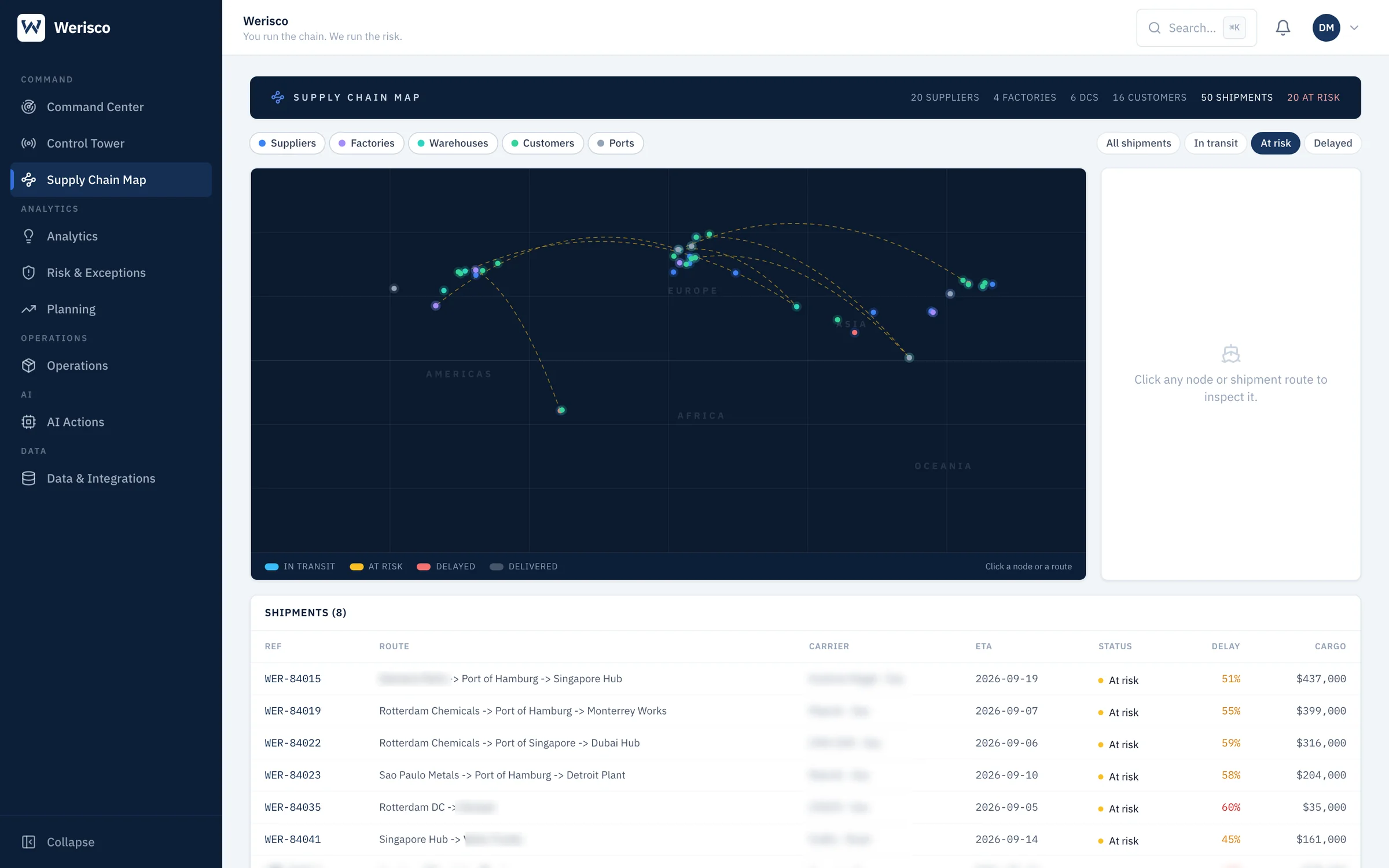 Supply Chain Map filtered to shipments at risk, with carrier, ETA, delay and cargo value