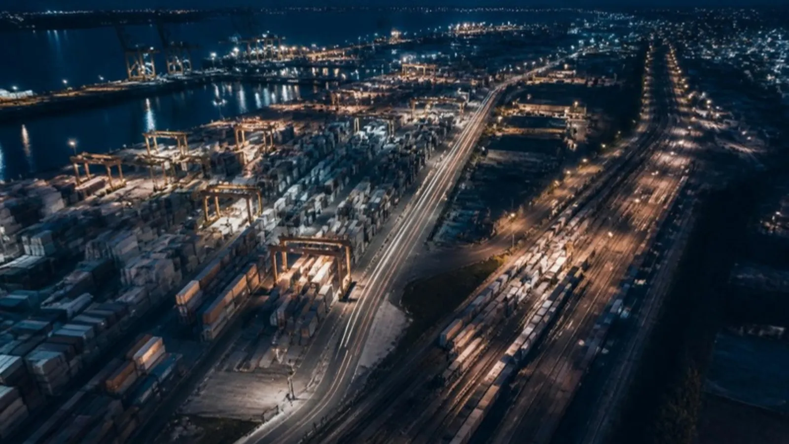 A container terminal at night